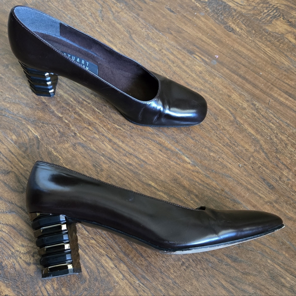 STUART WEITZMAN Sz 8.5 NARROW ESPRESSO BROWN LEATHER Gold Blk Geo HEELS SPAIN